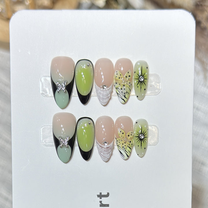 Artistic Press-On Nail Set with Butterfly and Floral Designs Bowlift