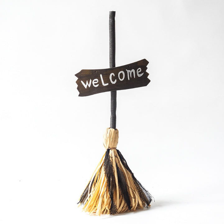 Halloween Welcome Decorative Broom with Rustic Welcome Sign Bowlift