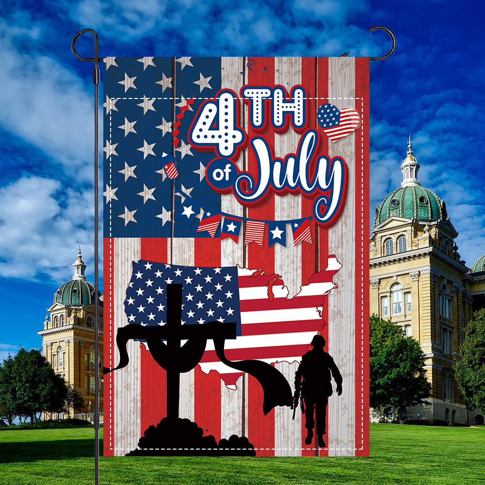Unisex nano patriotic garden flag with USA map cross and soldier silhouette weatherproof polyester fabric Bowlift