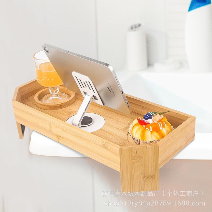 Adjustable Bamboo Bathtub Caddy With Foldable Tablet Stand And Drink Holder Bowlift