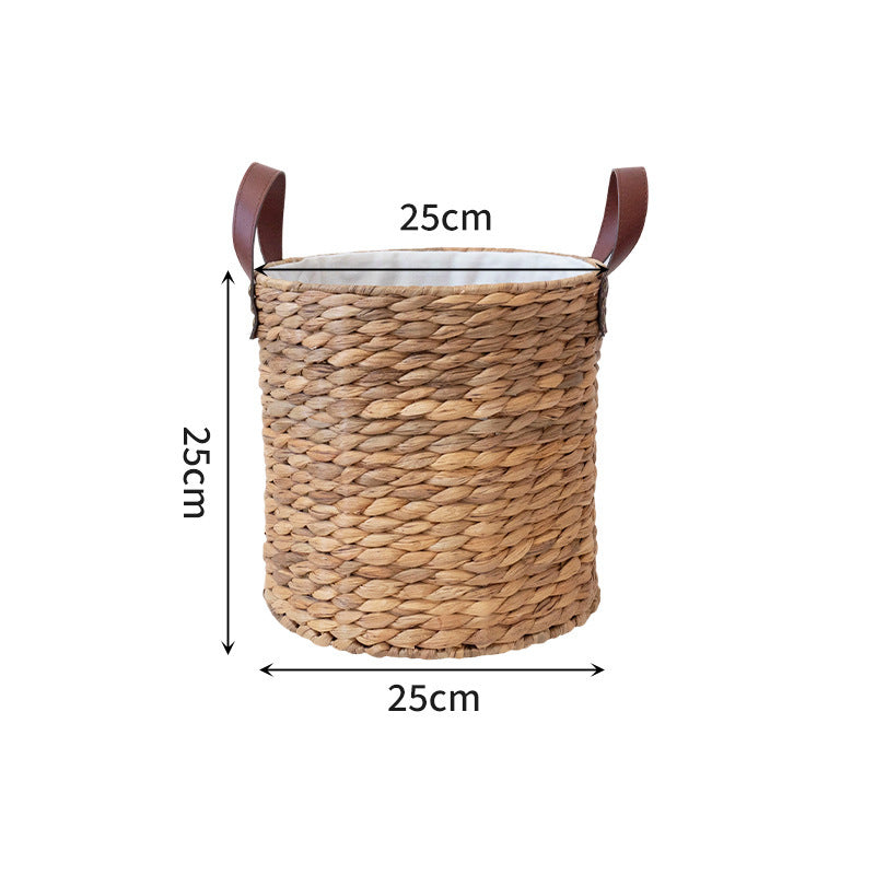 Braided storage basket with leather handles