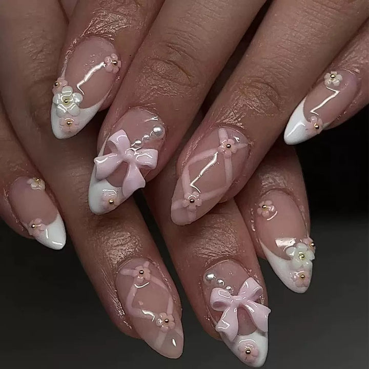 Acrylic Nail Set with Elegant Bows and Floral Accents Bowlift