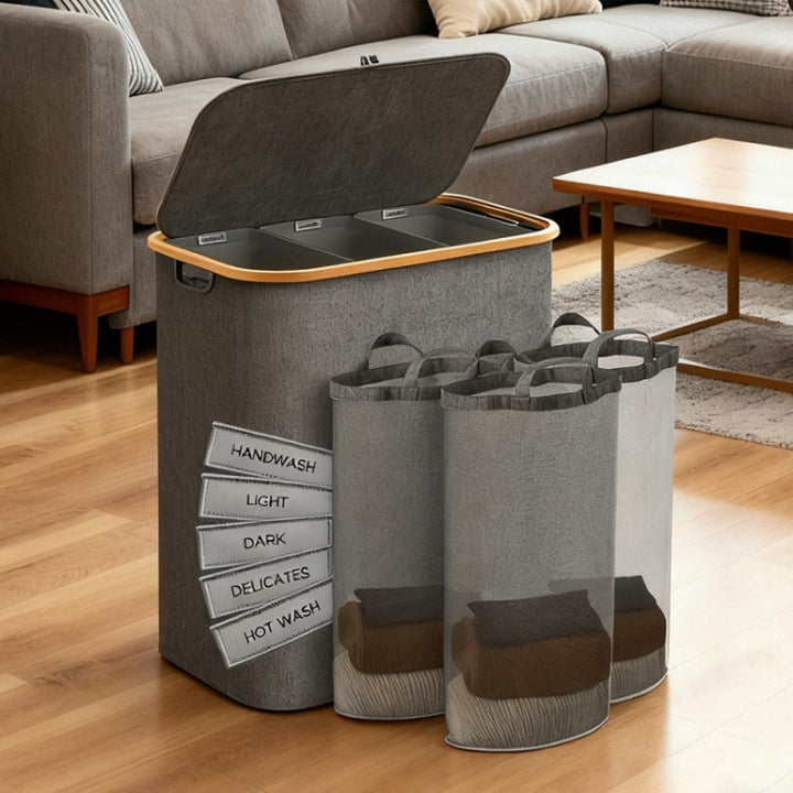 Laundry separation system with bamboo lid and multiple compartments Bowlift