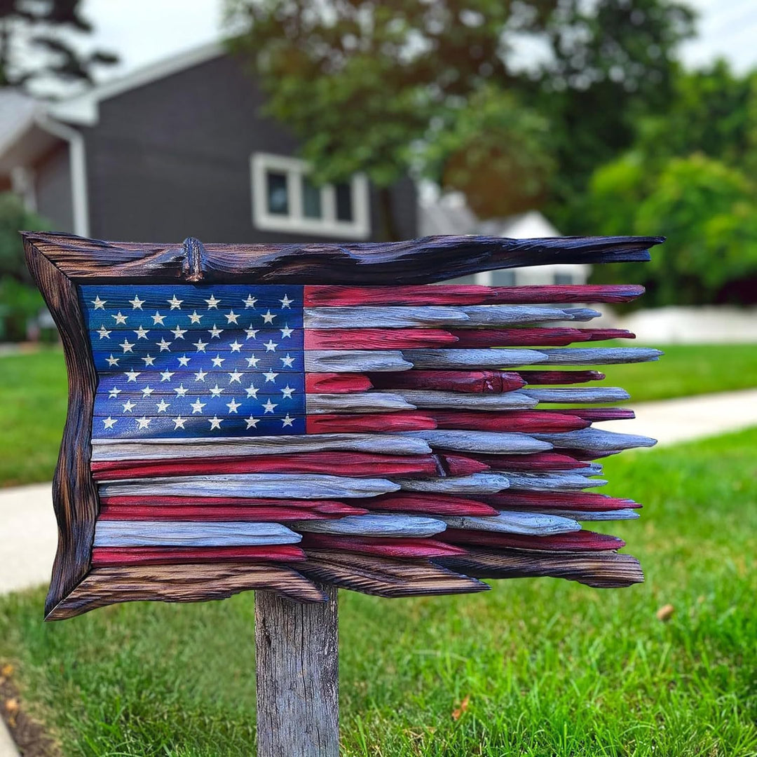 Unisex nan reclaimed wooden American flag wall sculpture with layered driftwood planks and rustic charred frame Bowlift