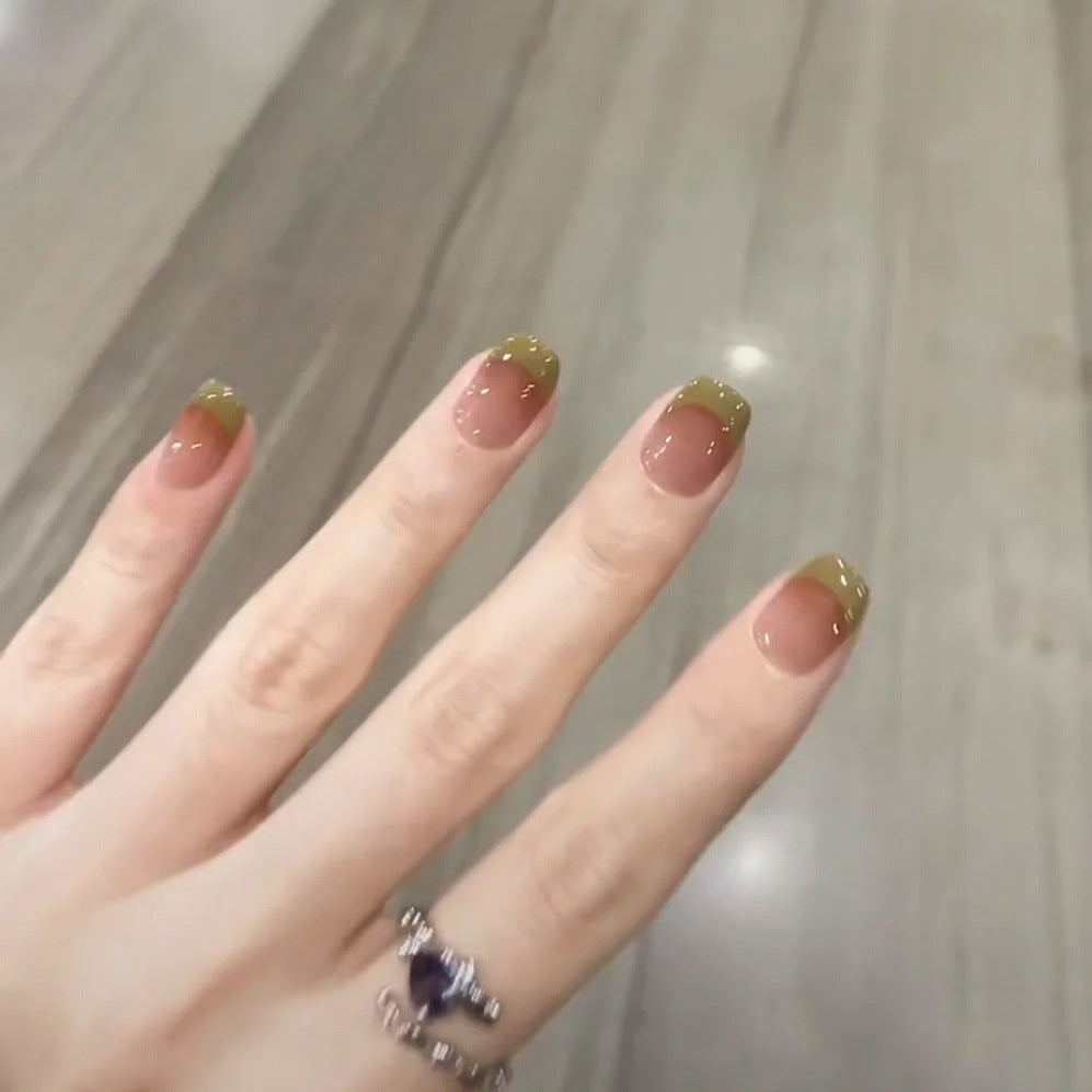 Elegant French Tip Press-On Nails with Pearlescent Finish Bowlift