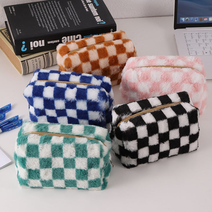 Faux Fur Checkered Zipper Makeup Organizer Pouch Bowlift