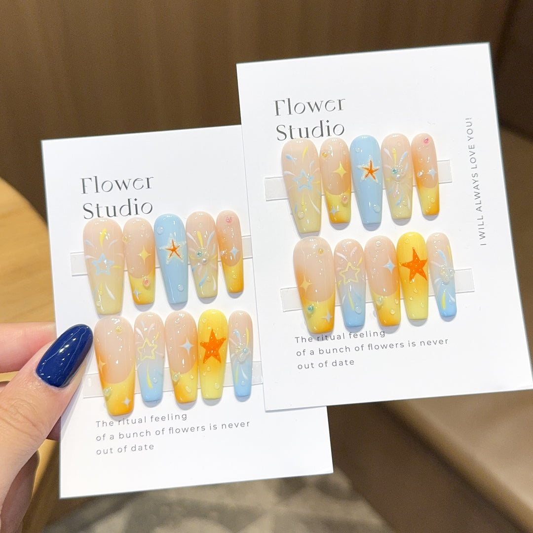 Artificial Nails Set with Colorful Stars and Floral Design Bowlift