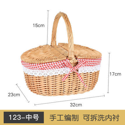 Women's braided basket with checkered fabric insert and decorative lace embellishment Bowlift