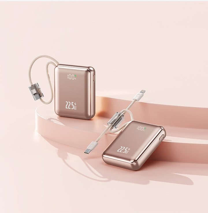 Compact power bank with digital power display and integrated charging cable Bowlift