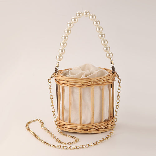 Ladies Stylish Basket Bag with Pearl Accents Bowlift