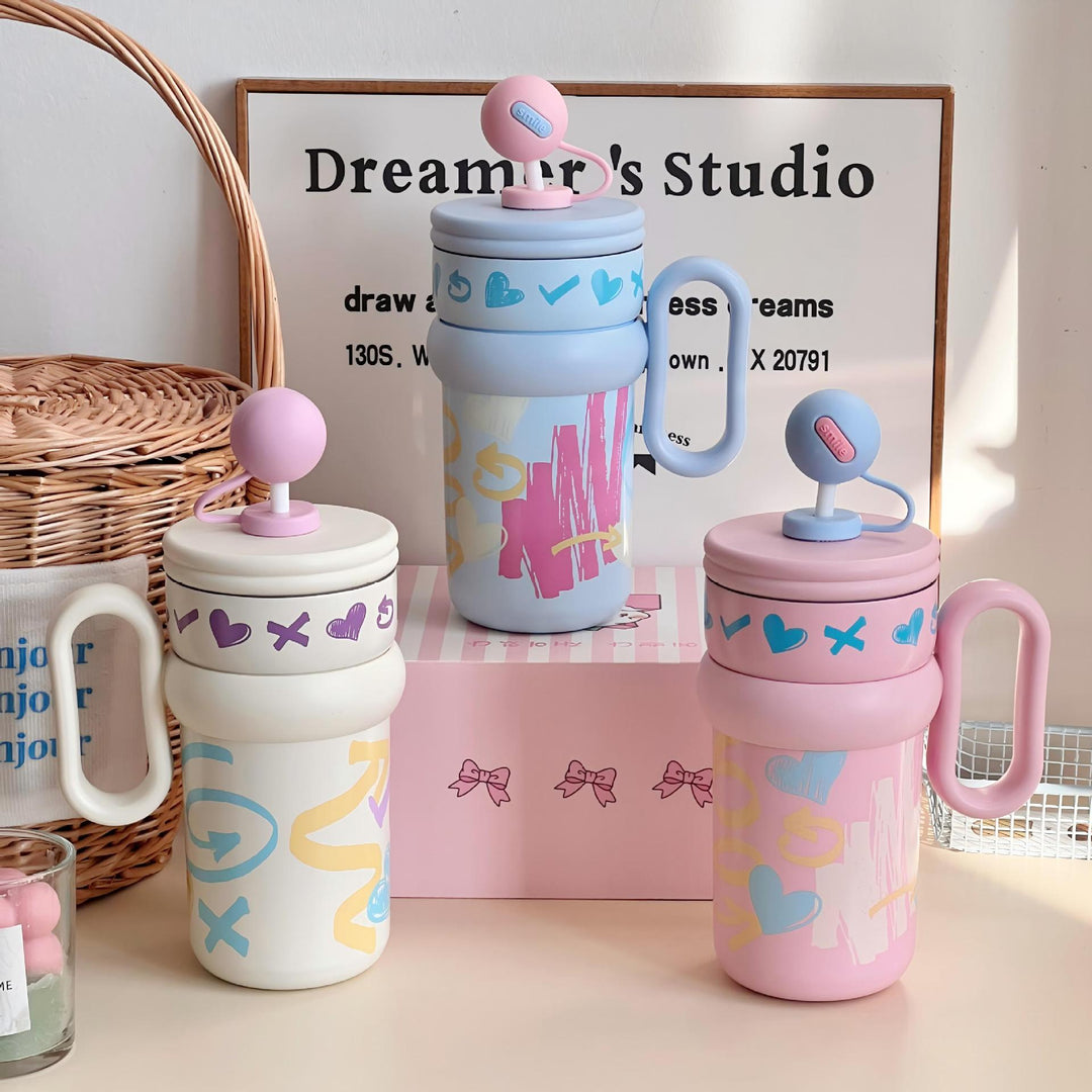 Women’s children’s drinking cup with integrated straw and playful design Bowlift