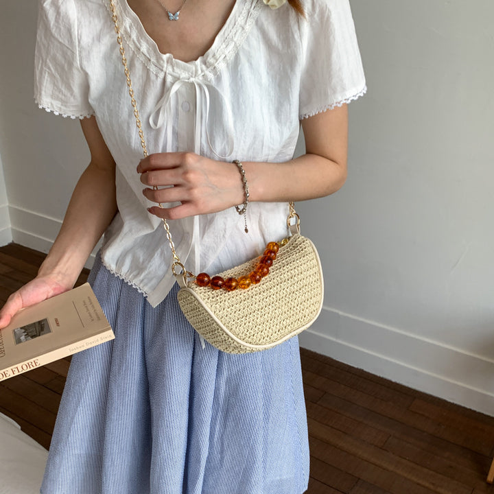 Stylish Woven Handbag with Beaded Handle Bowlift