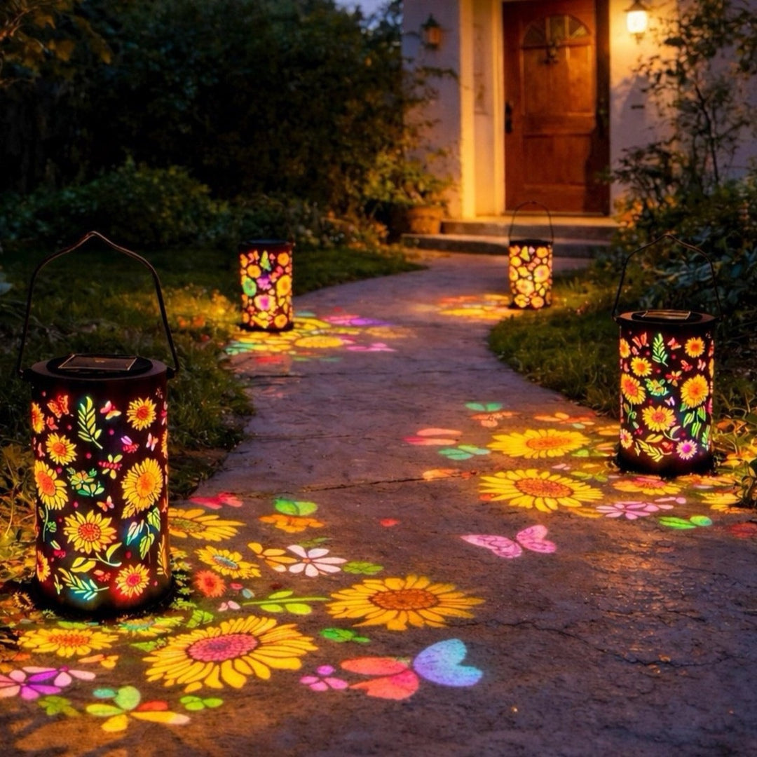 Solar Projection Lantern With Sunflower Floral Metal Cylinder And Hanging Handle Bowlift