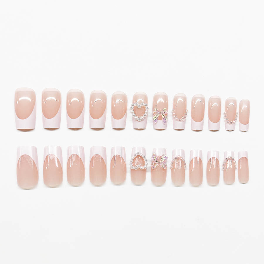 Acrylic nail set with elegant pearl and 3D flower decorations Bowlift