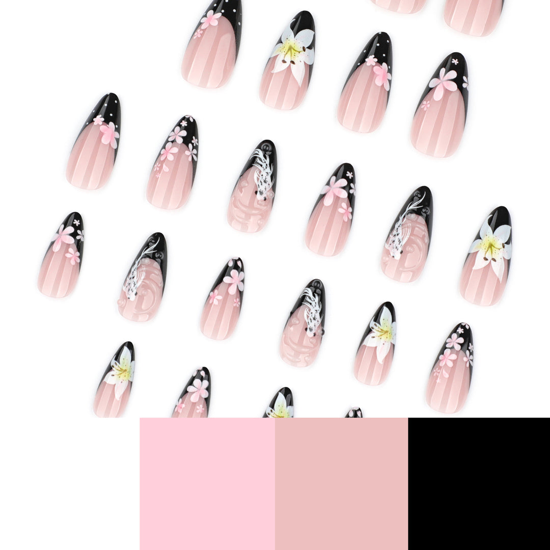 Elegant Nail Extensions with Creative Flowers and Black-White Patterns Bowlift