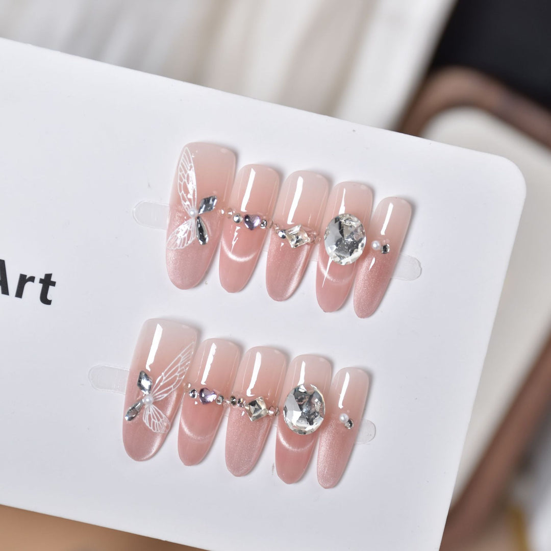 Artistic Crystal-Embellished Press-On Nail Design Bowlift