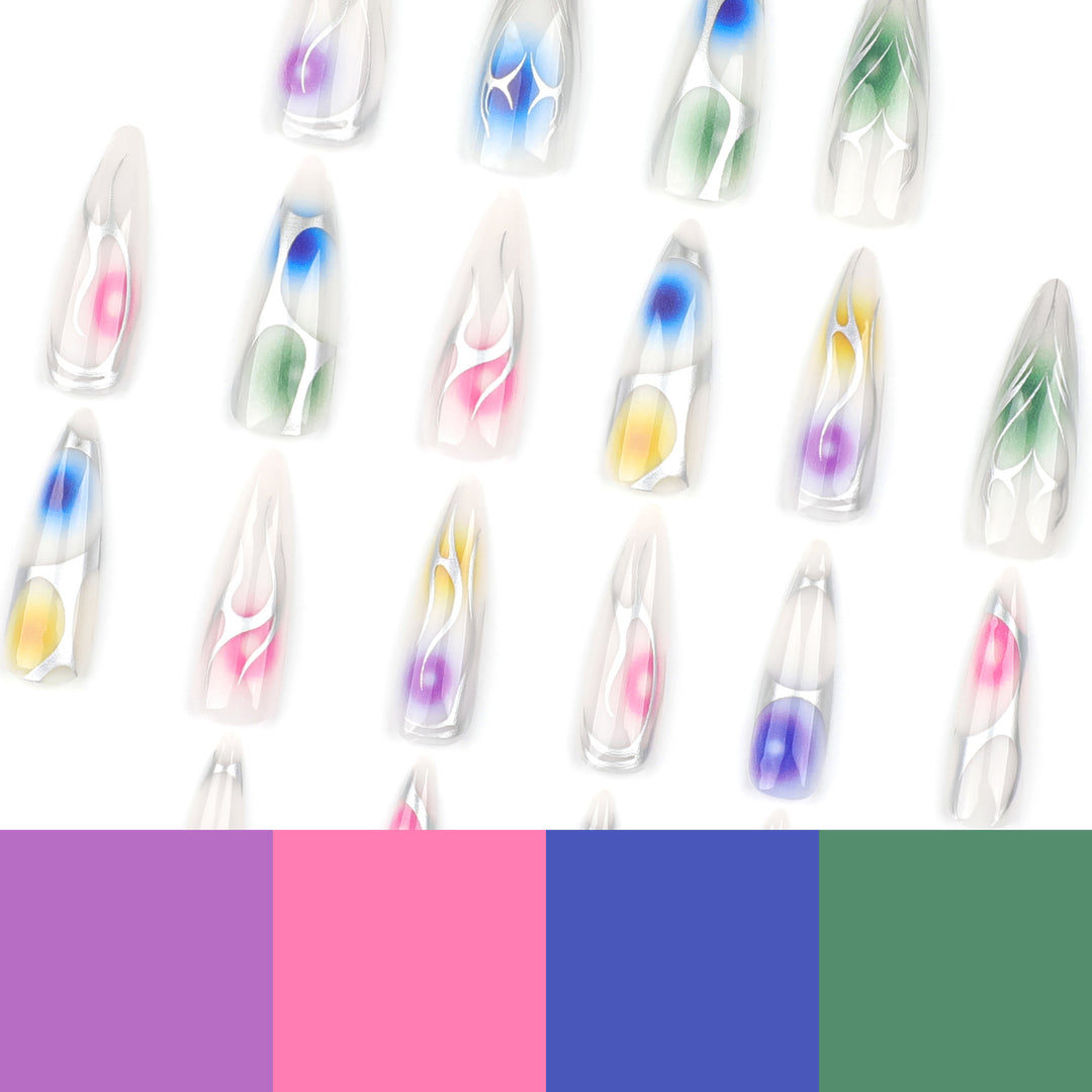 Artful stiletto nails with transparent design and colorful accents Bowlift