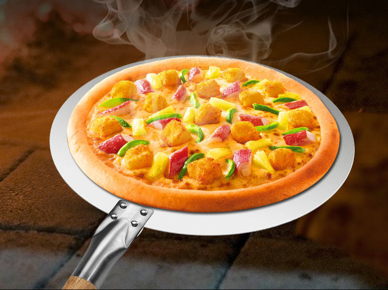 assorted sized round stainless steel pizza peels with long wooden handles Bowlift