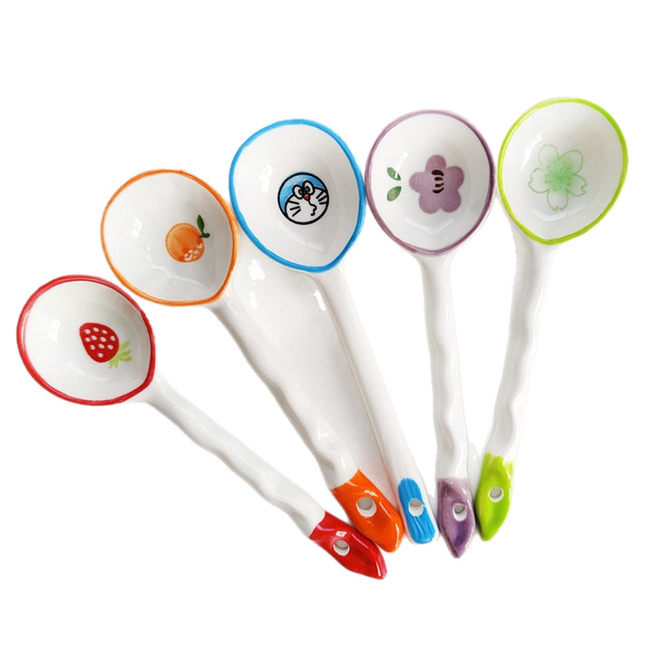 Ceramic soup spoon with lucky cat illustration and ergonomic long-handle Bowlift