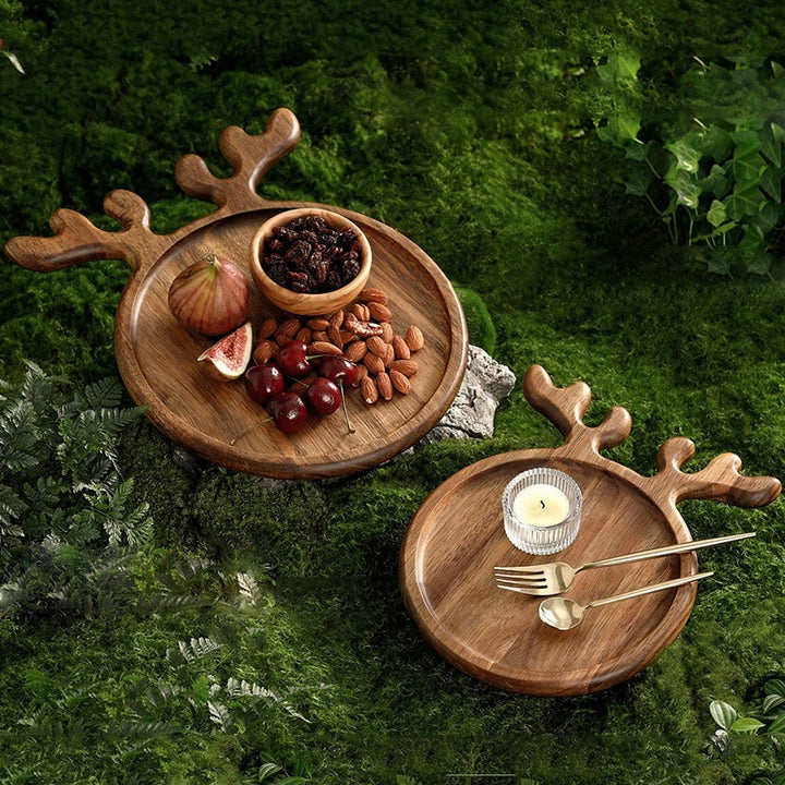 Christmas Deer Antler Acacia Wood Serving Tray