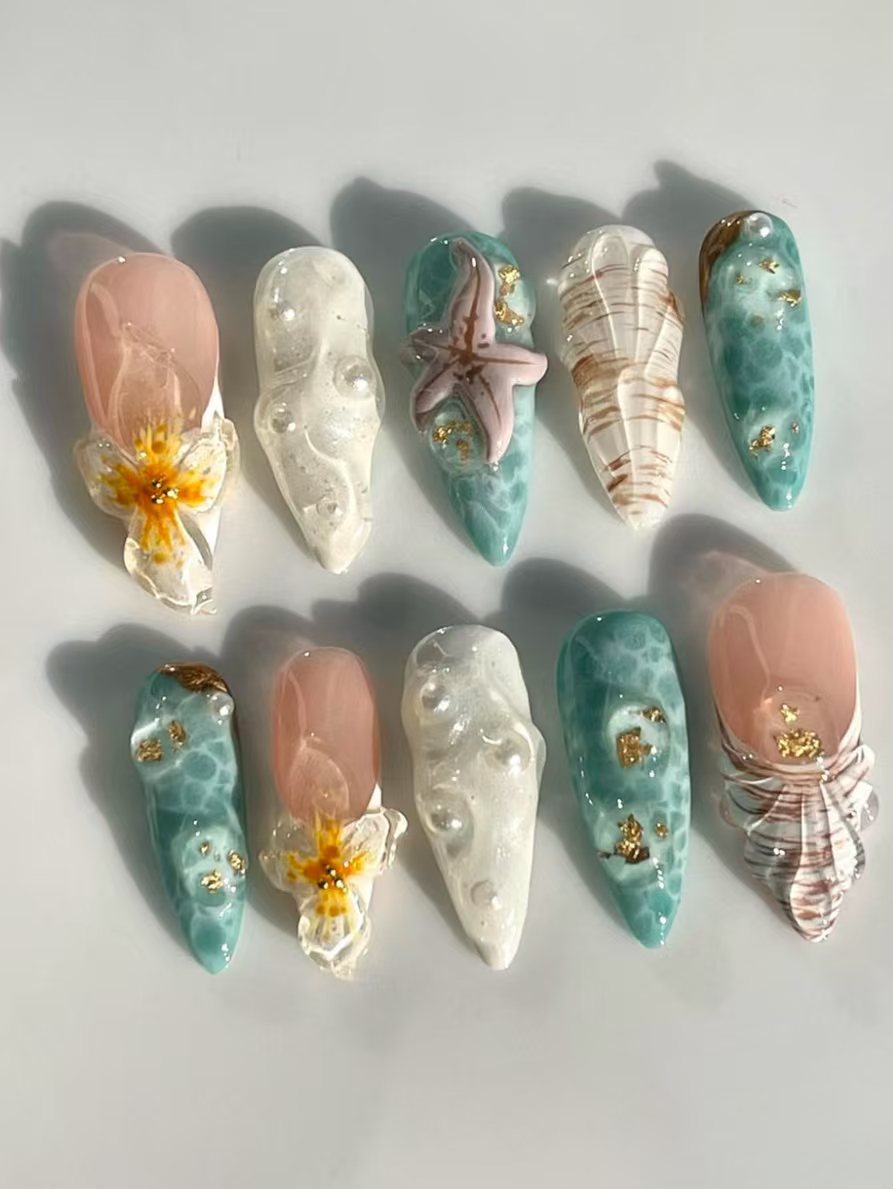 Ocean-Inspired 3D Decorative Press-On Nail Set Bowlift