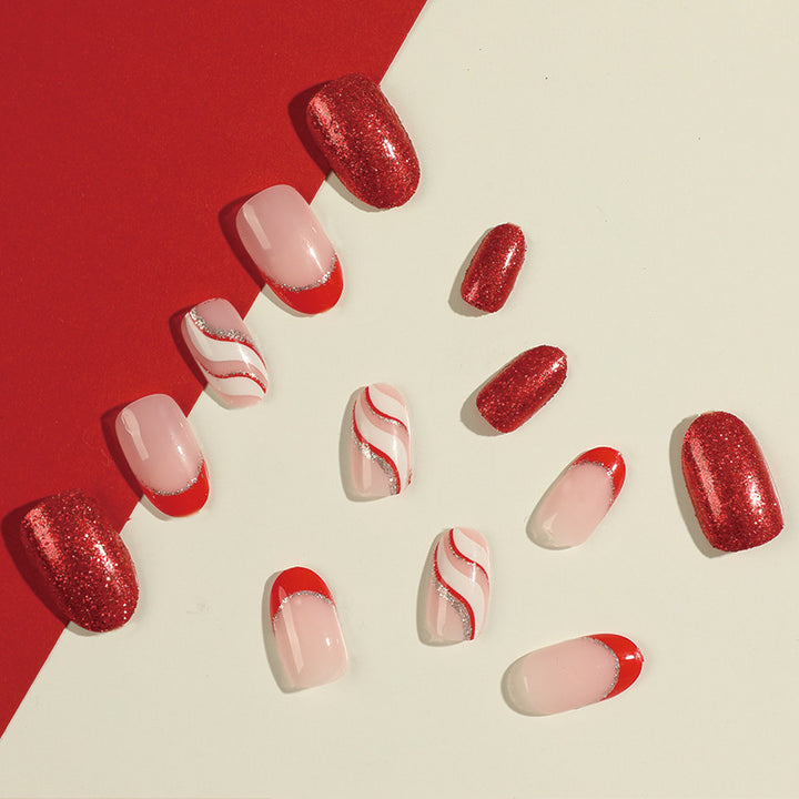 Artful Nail Extensions with Glitter and Wave Pattern Bowlift