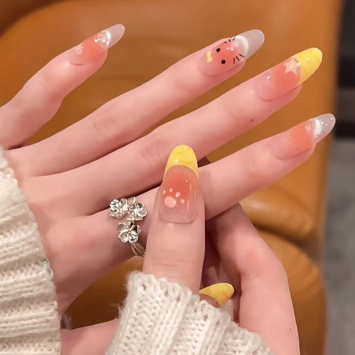 Artistic Press-On Nail Set with Floral and Heart Designs Bowlift