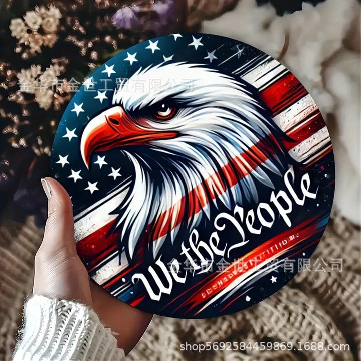 Independence Day rustic round wooden patriotic cross wall plaque with floral accents and God Bless America banner Bowlift