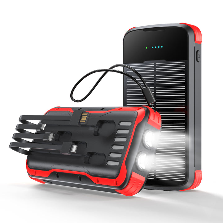 Rugged Portable Solar Power Bank With Integrated Multi-Tip Cables And LED Floodlight Bowlift