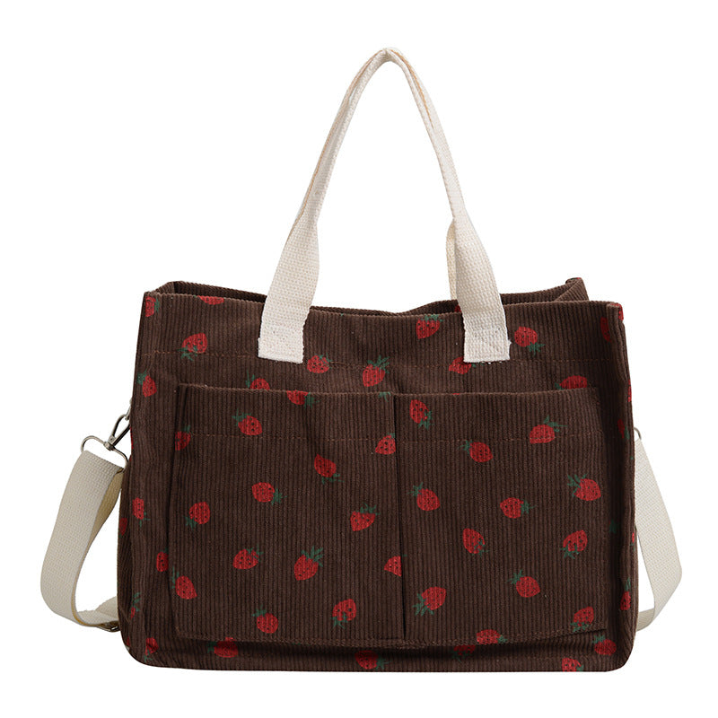 WoStylish Multi-Pocket Strawberry Print Canvas Tote Bag Bowlift