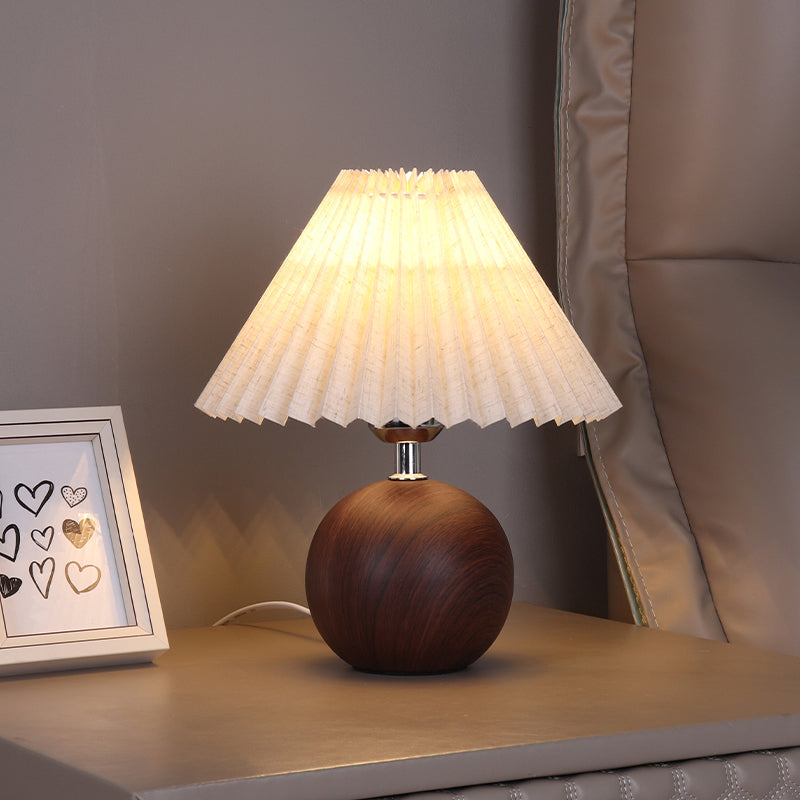 Mid-Century Round Wood Base Pleated Fabric Shade Bedside Lamp Bowlift