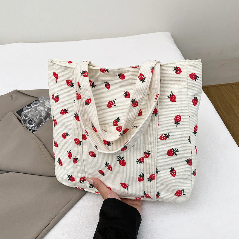 Playful Strawberry Print Corduroy Tote Bag Bowlift