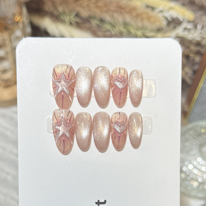 Fashionable Press-On Nail Set with Glamorous Star and Heart Designs Bowlift
