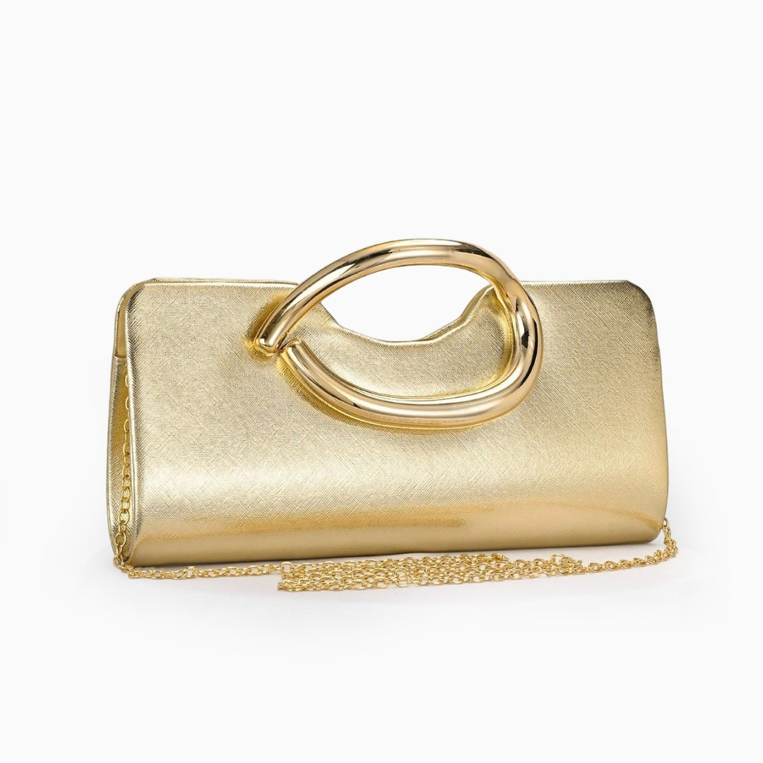 Structured Metallic Evening Clutch with Sculptural Polished Metal Handle Bowlift