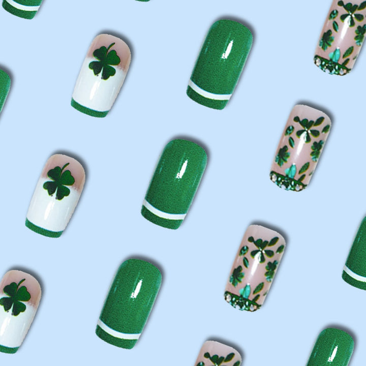 Glamorous Press-On Nail Art Set with Clover Motif Bowlift