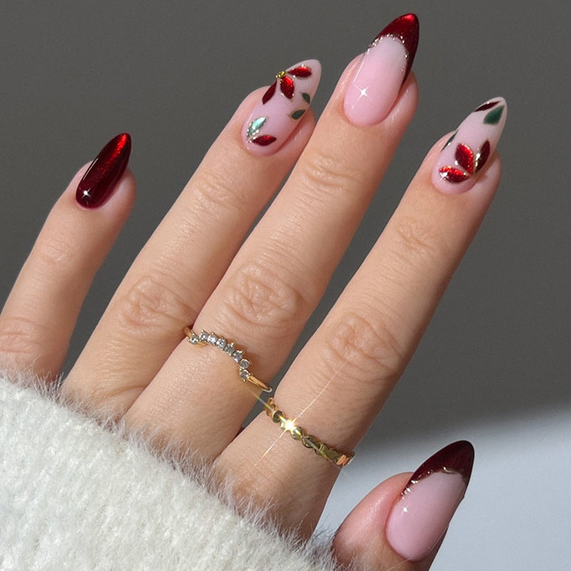 Elegant Press-On Nail Set with Floral Art Bowlift