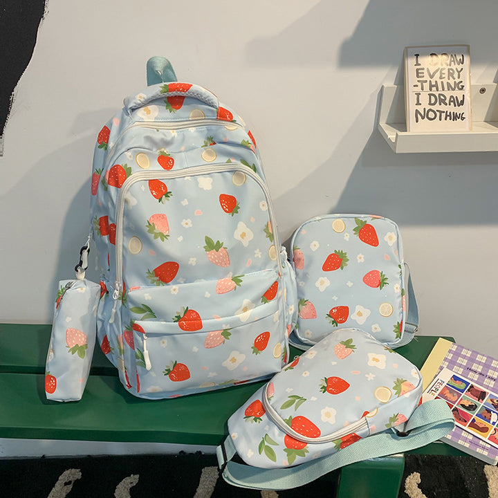 Stylish Strawberry Print Backpack Set