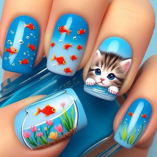 Nail art with playful cat and fish design Bowlift