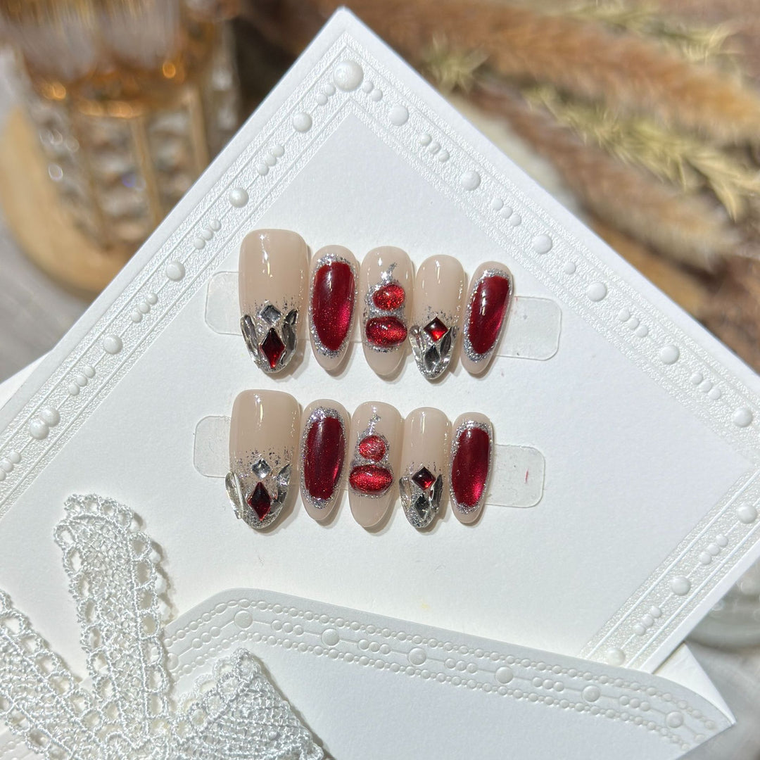 Premium Decorative Press-On Nail Set with Gemstone Accents Bowlift
