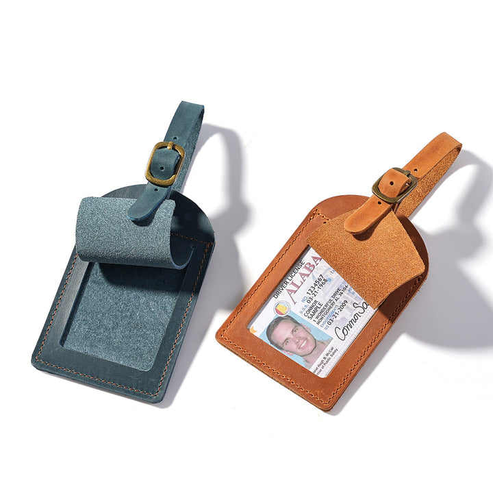 Genuine Leather Luggage Tag with Adjustable Buckle and ID Window Bowlift