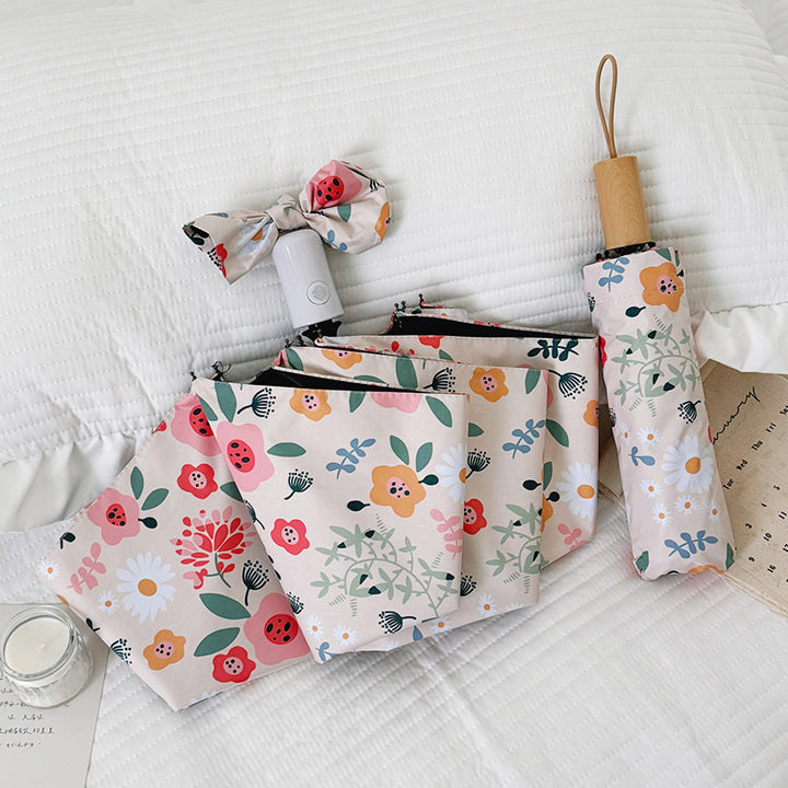 Ladies Folding Umbrella with Floral Design and Cute Details Bowlift