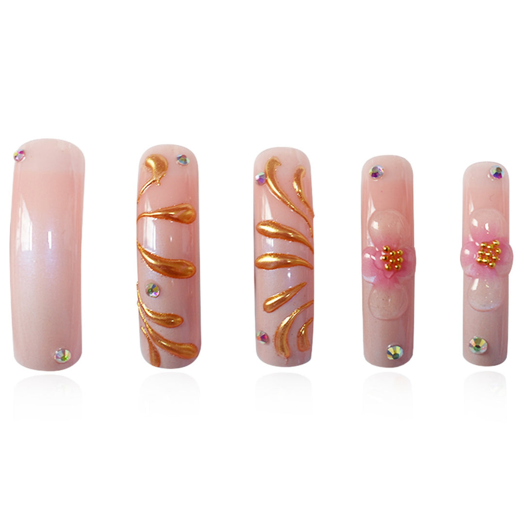 Glamorous 3D Floral Press-On Nails with Gold Accents Bowlift