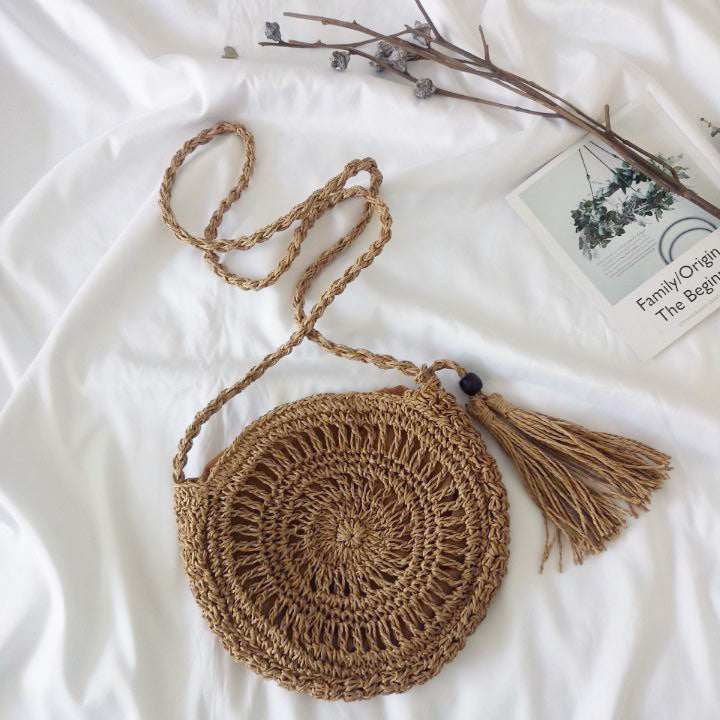 Beef Macrame Shoulder Bag with Tassel Bowlift