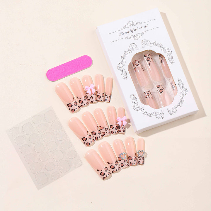 Artistic Press-On Nail Kit with Charming Leopard and Bow Designs Bowlift