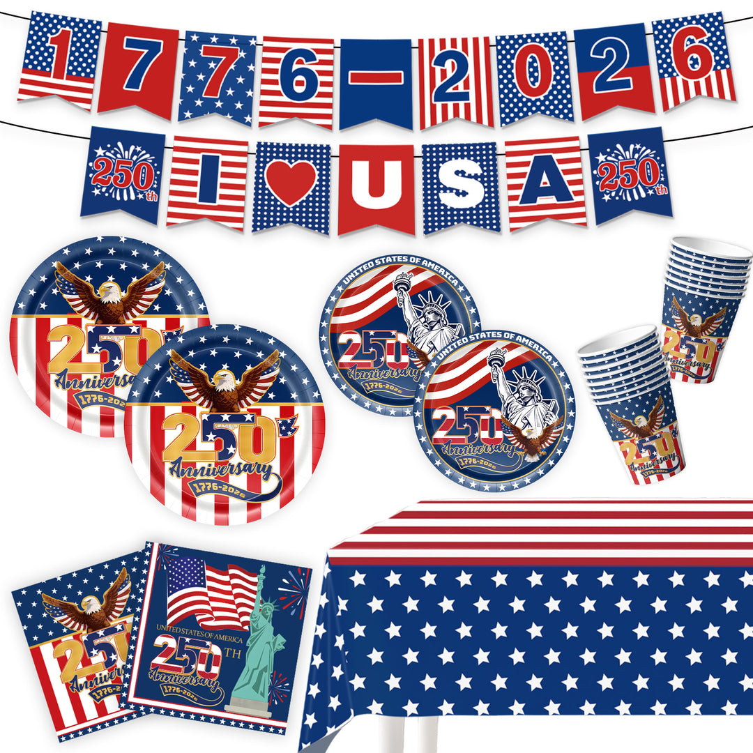 Unisex nan Patriotic Anniversary Disposable Tableware Party Kit with Stars Stripes Plates Cups Napkins Cutlery Banner Bowlift