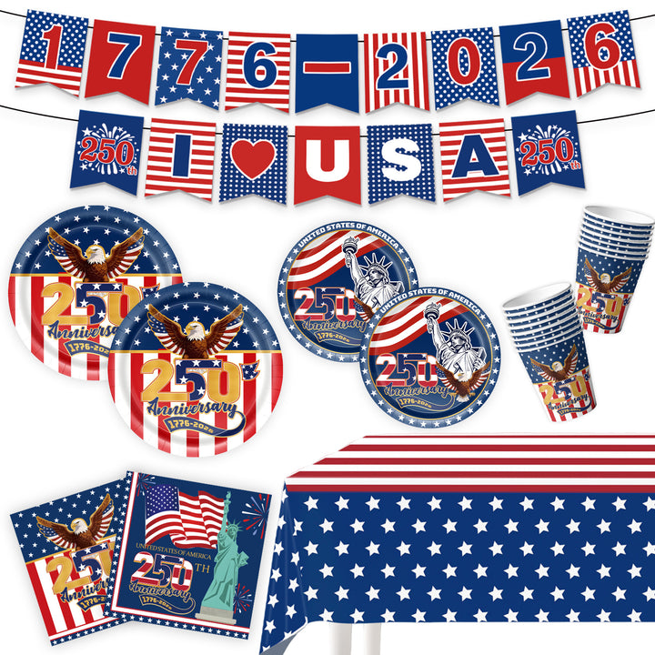 Unisex nan Patriotic Anniversary Disposable Tableware Party Kit with Stars Stripes Plates Cups Napkins Cutlery Banner Bowlift