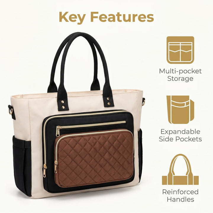 Tote bag with multiple compartments and expandable side pockets Bowlift