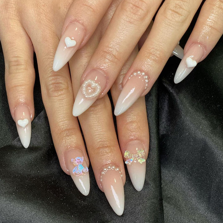 Elegant Press-On Nail Set with Decorative Floral Accents Bowlift