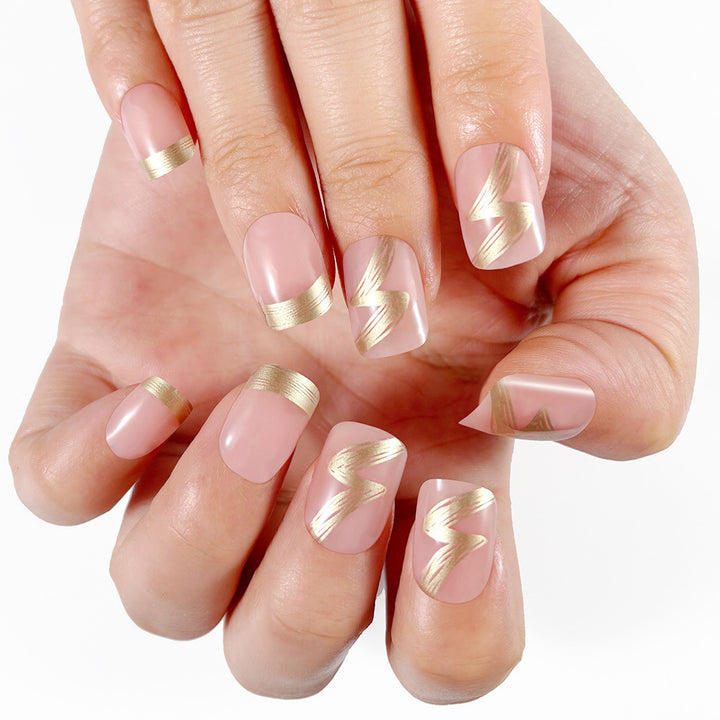 Elegant French Tip Press-On Nails with Gold Accents Bowlift