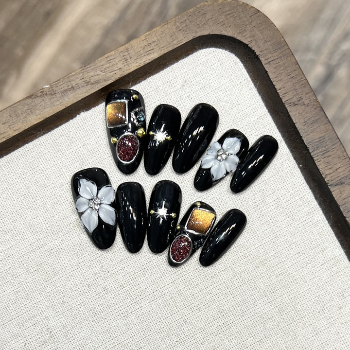 Decorative Press-On Nail Art Set with Floral and Crystal Accents Bowlift